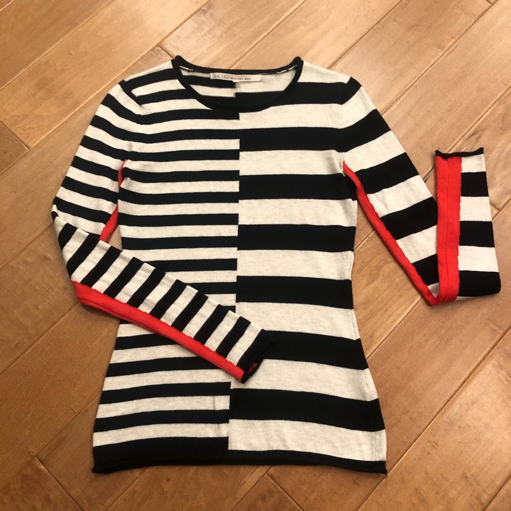 Rachel Roy Women’s Black Cream and Orange Striped Patchwork Crewneck Sweater XS